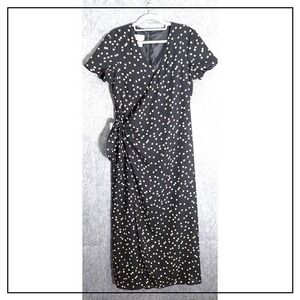 Coldwater Creek Dress 12 Maxi Faux Wrap Polka Dots Slit Bow Chiffon Retro Mod‎